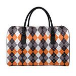 Grey Black Orange And White Argyle Print Leather Duffle Bag