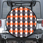 Grey Black Orange And White Argyle Print Leather Spare Tire Cover