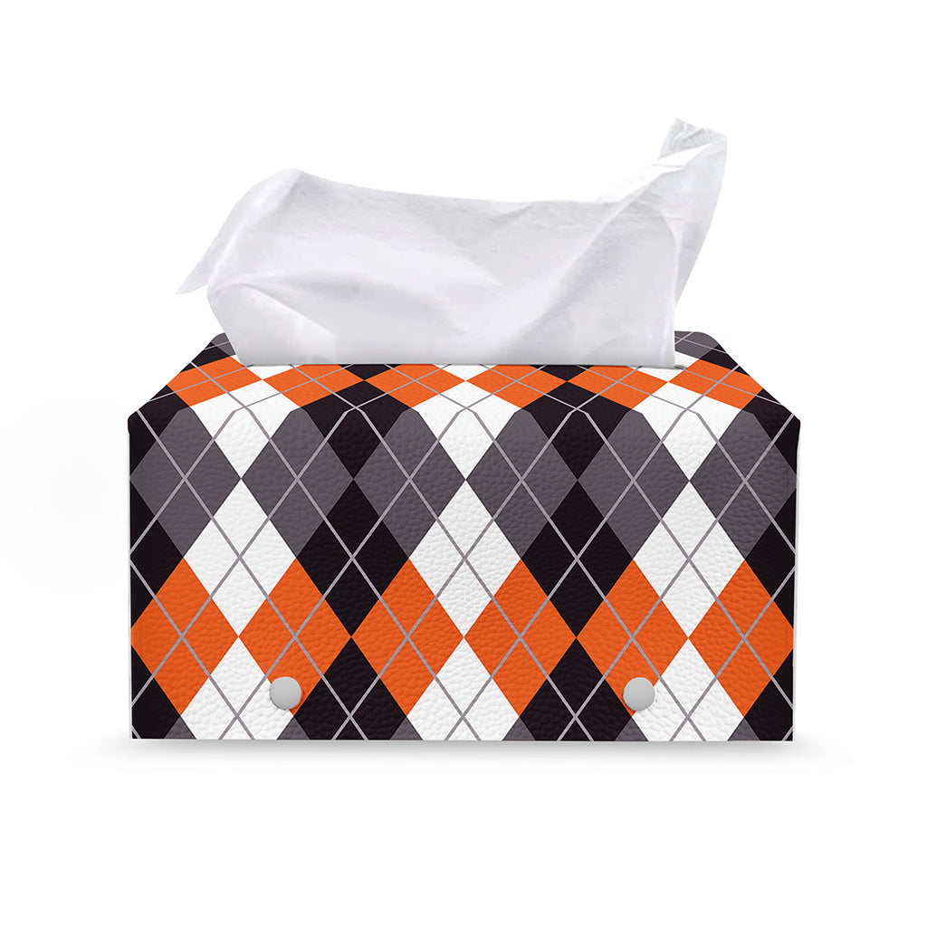 Grey Black Orange And White Argyle Print Leather Tissue Box Cover