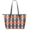 Grey Black Orange And White Argyle Print Leather Tote Bag With Zipper
