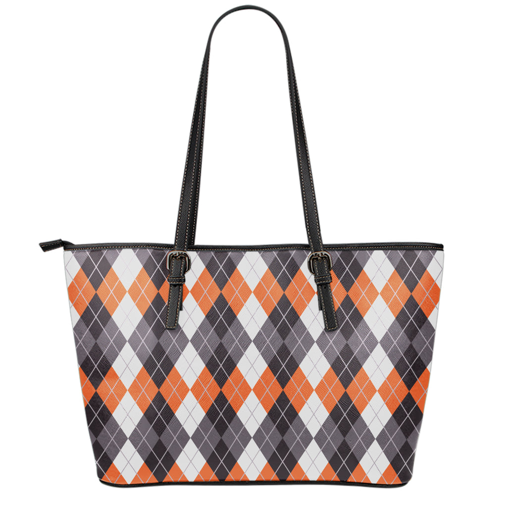 Grey Black Orange And White Argyle Print Leather Tote Bag