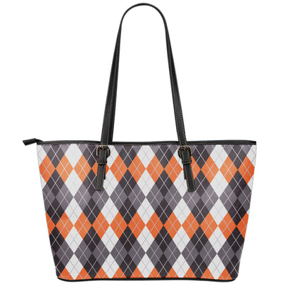 Grey Black Orange And White Argyle Print Leather Tote Bag