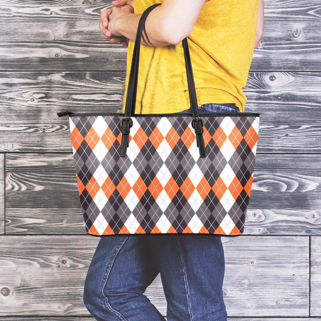 Grey Black Orange And White Argyle Print Leather Tote Bag