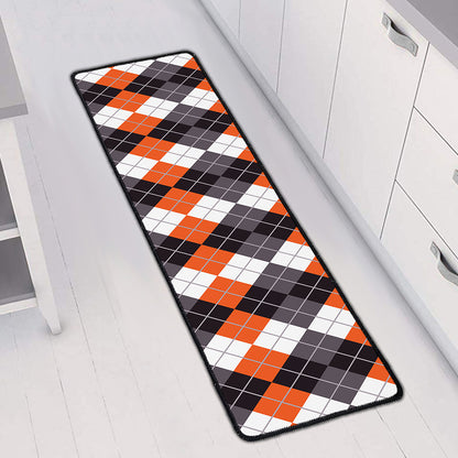 Grey Black Orange And White Argyle Print Long Kitchen Mat