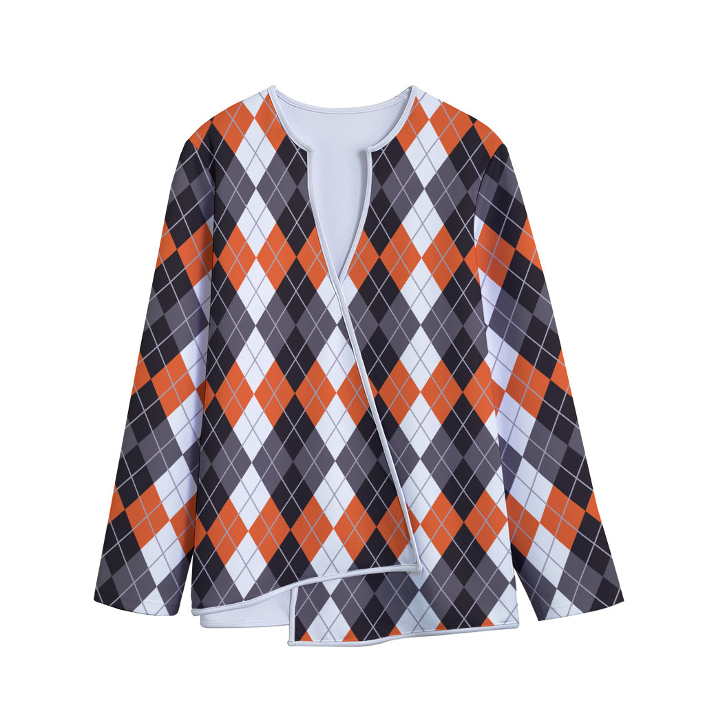 Grey Black Orange And White Argyle Print Long Sleeve Short Coat