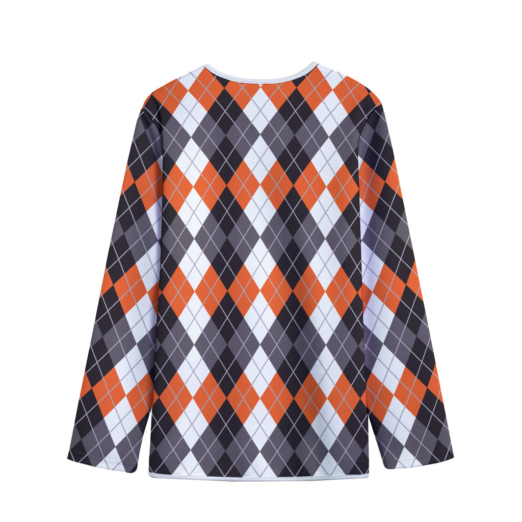 Grey Black Orange And White Argyle Print Long Sleeve Short Coat
