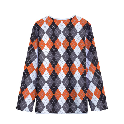 Grey Black Orange And White Argyle Print Long Sleeve Short Coat
