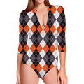 Grey Black Orange And White Argyle Print Long Sleeve Swimsuit