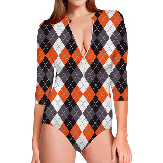 Grey Black Orange And White Argyle Print Long Sleeve Swimsuit