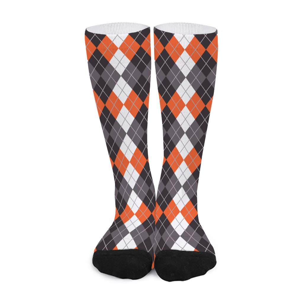 Grey Black Orange And White Argyle Print Long Socks