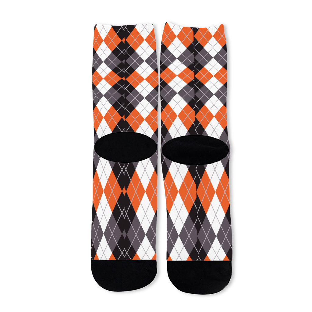 Grey Black Orange And White Argyle Print Long Socks