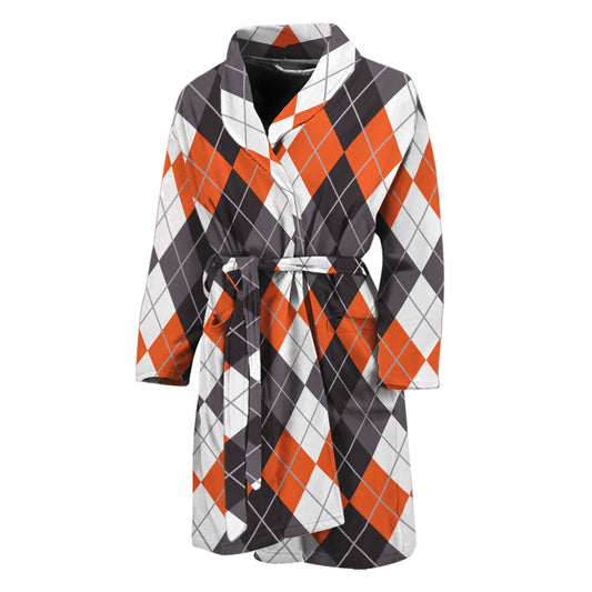 Grey Black Orange And White Argyle Print Men's Bathrobe