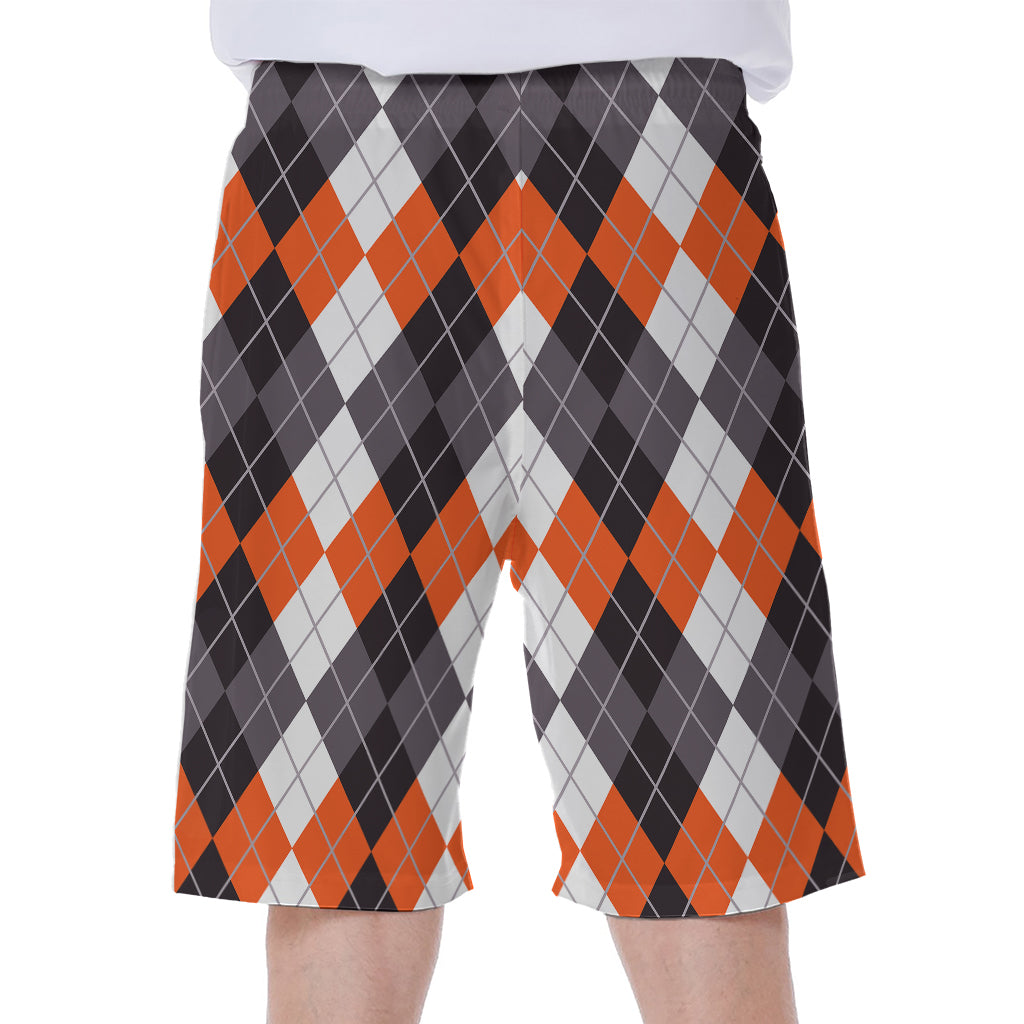 Grey Black Orange And White Argyle Print Men's Beach Shorts