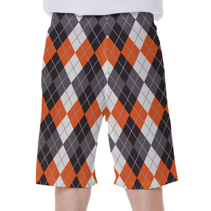 Grey Black Orange And White Argyle Print Men's Beach Shorts
