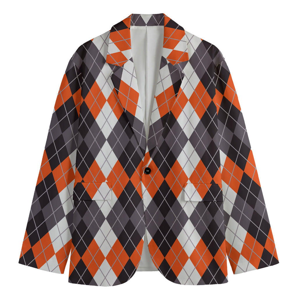 Grey Black Orange And White Argyle Print Men's Blazer