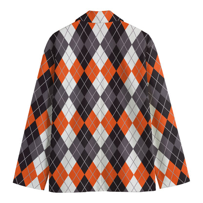 Grey Black Orange And White Argyle Print Men's Blazer