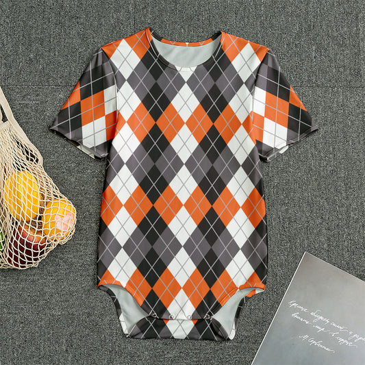 Grey Black Orange And White Argyle Print Men's Bodysuit