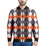 Grey Black Orange And White Argyle Print Men's Bomber Jacket