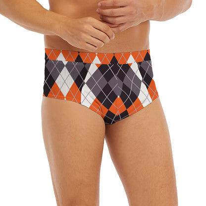 Grey Black Orange And White Argyle Print Men's Briefs