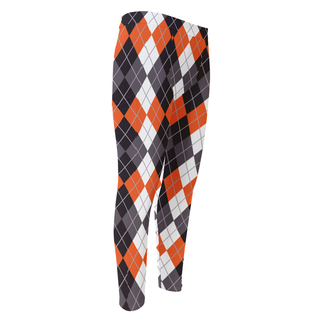 Grey Black Orange And White Argyle Print Men's Compression Pants