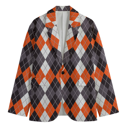 Grey Black Orange And White Argyle Print Men's Cotton Blazer
