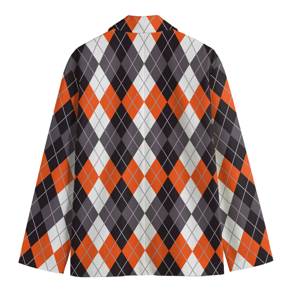 Grey Black Orange And White Argyle Print Men's Cotton Blazer