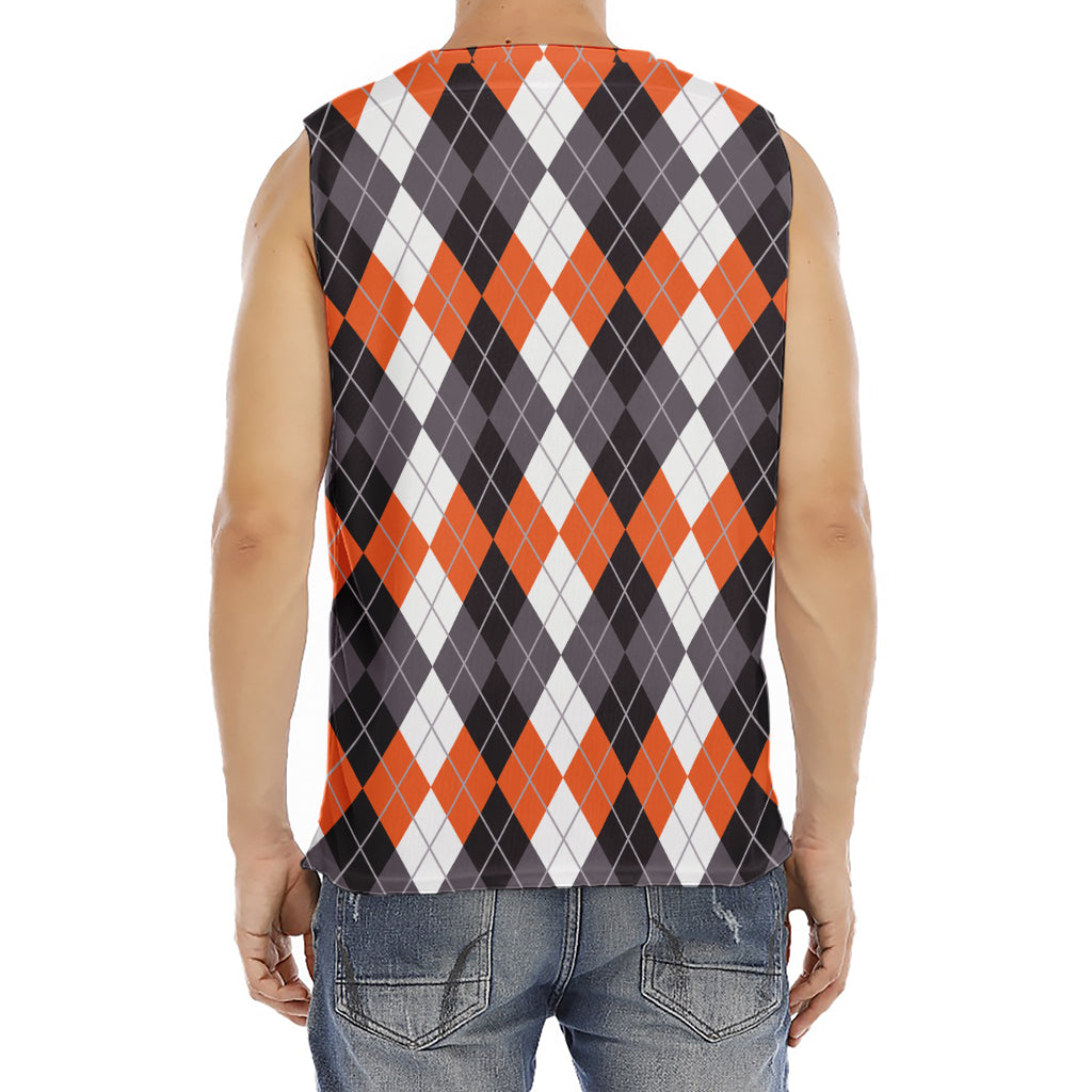 Grey Black Orange And White Argyle Print Men's Fitness Tank Top