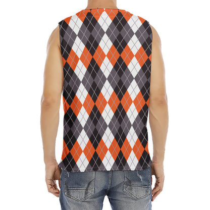 Grey Black Orange And White Argyle Print Men's Fitness Tank Top