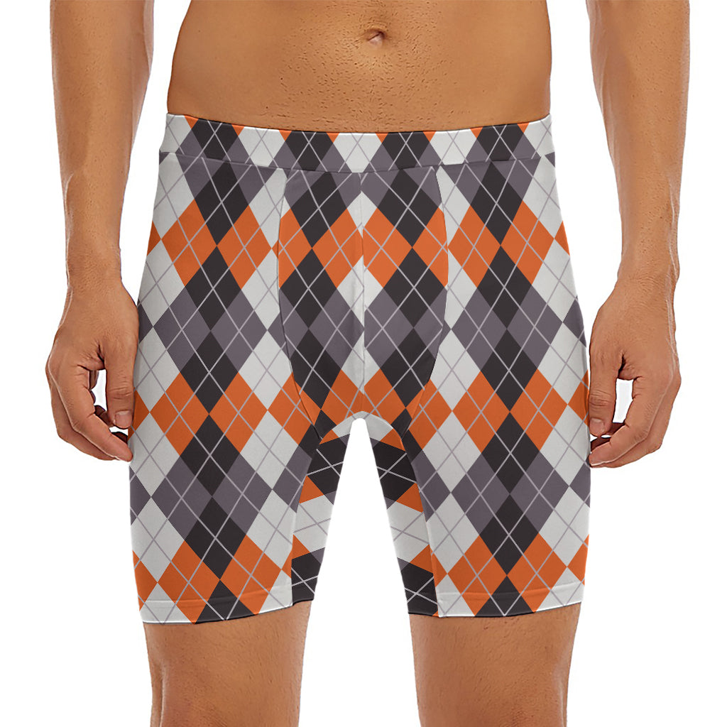 Grey Black Orange And White Argyle Print Men's Long Boxer Briefs