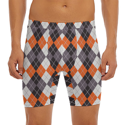 Grey Black Orange And White Argyle Print Men's Long Boxer Briefs