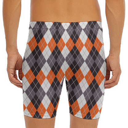 Grey Black Orange And White Argyle Print Men's Long Boxer Briefs