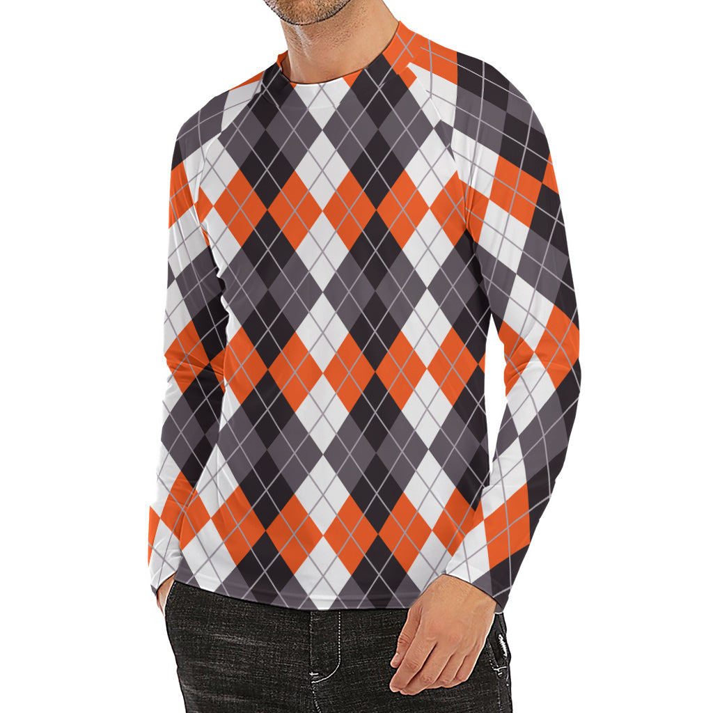 Grey Black Orange And White Argyle Print Men's Long Sleeve Rash Guard