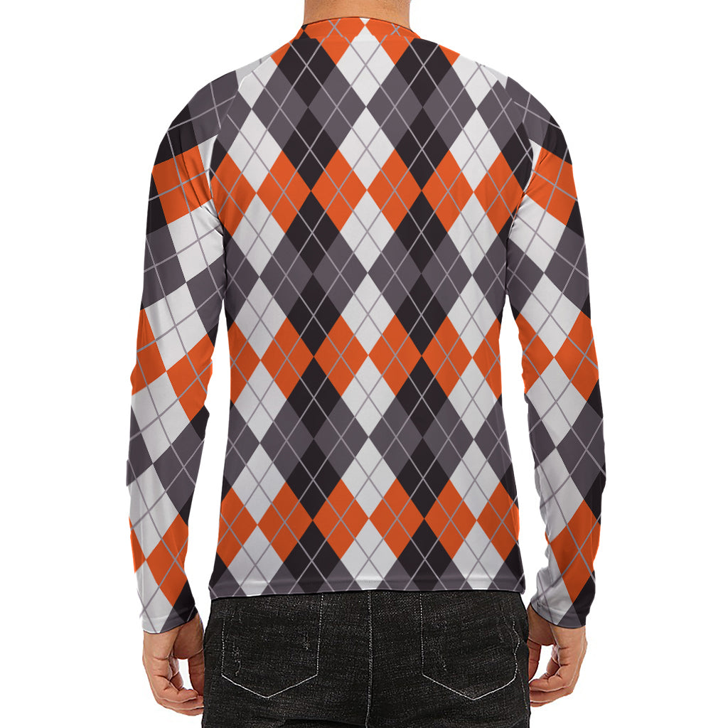 Grey Black Orange And White Argyle Print Men's Long Sleeve Rash Guard