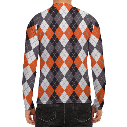 Grey Black Orange And White Argyle Print Men's Long Sleeve Rash Guard