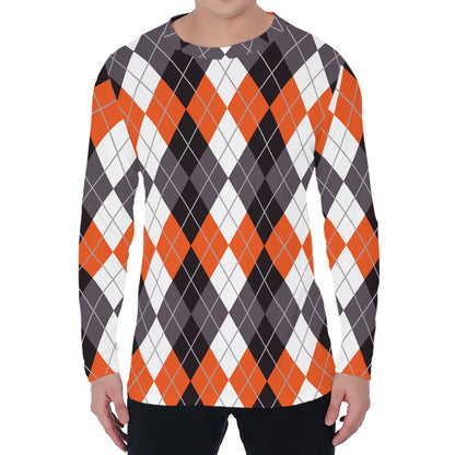 Grey Black Orange And White Argyle Print Men's Long Sleeve T-Shirt