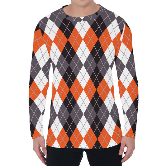 Grey Black Orange And White Argyle Print Men's Long Sleeve T-Shirt