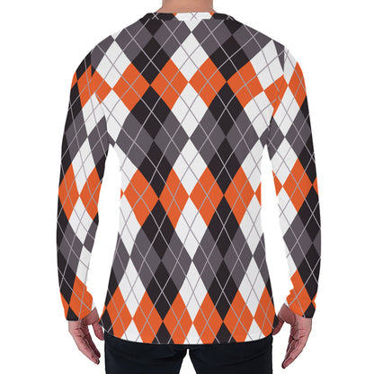 Grey Black Orange And White Argyle Print Men's Long Sleeve T-Shirt