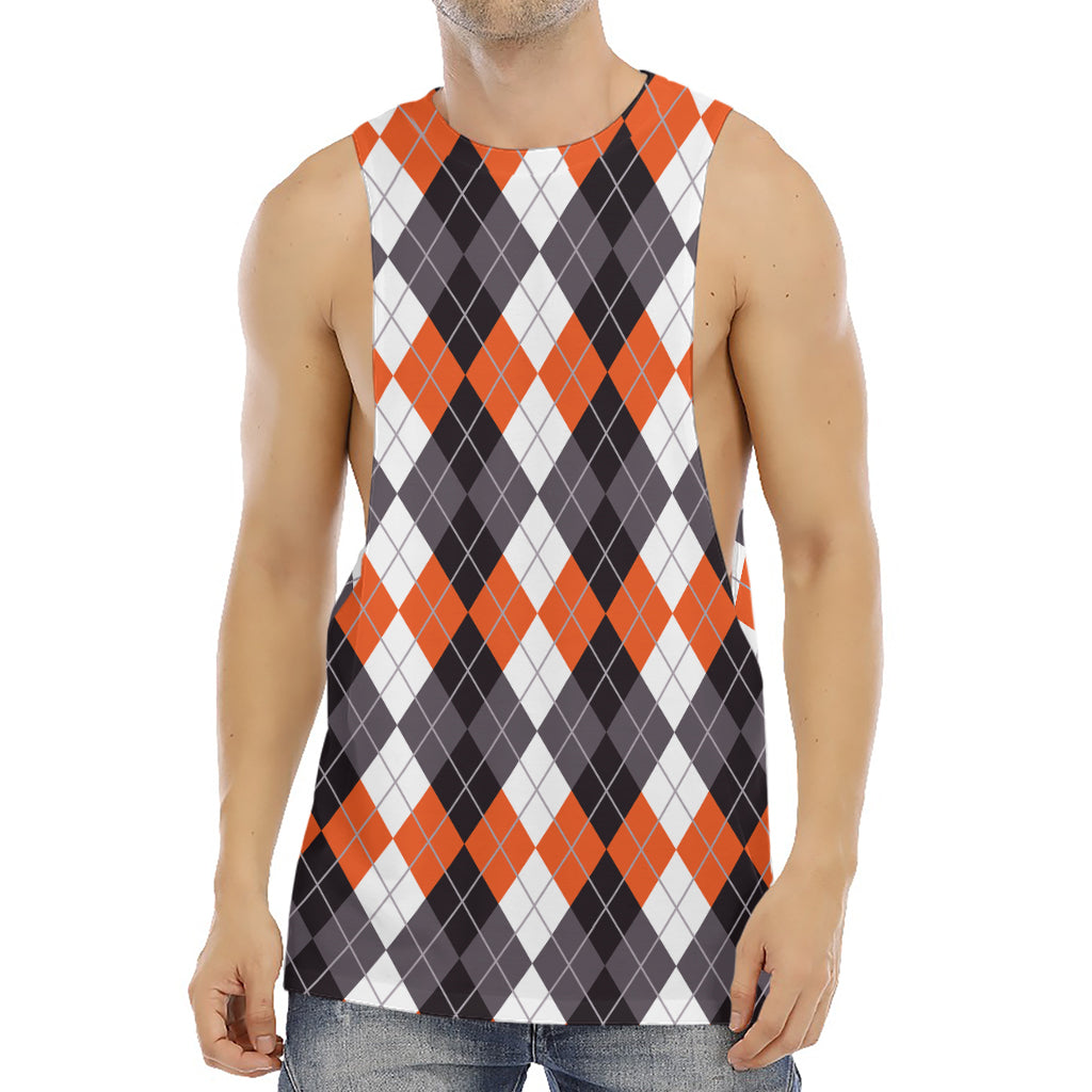 Grey Black Orange And White Argyle Print Men's Muscle Tank Top