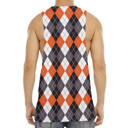 Grey Black Orange And White Argyle Print Men's Muscle Tank Top