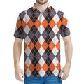 Grey Black Orange And White Argyle Print Men's Polo Shirt
