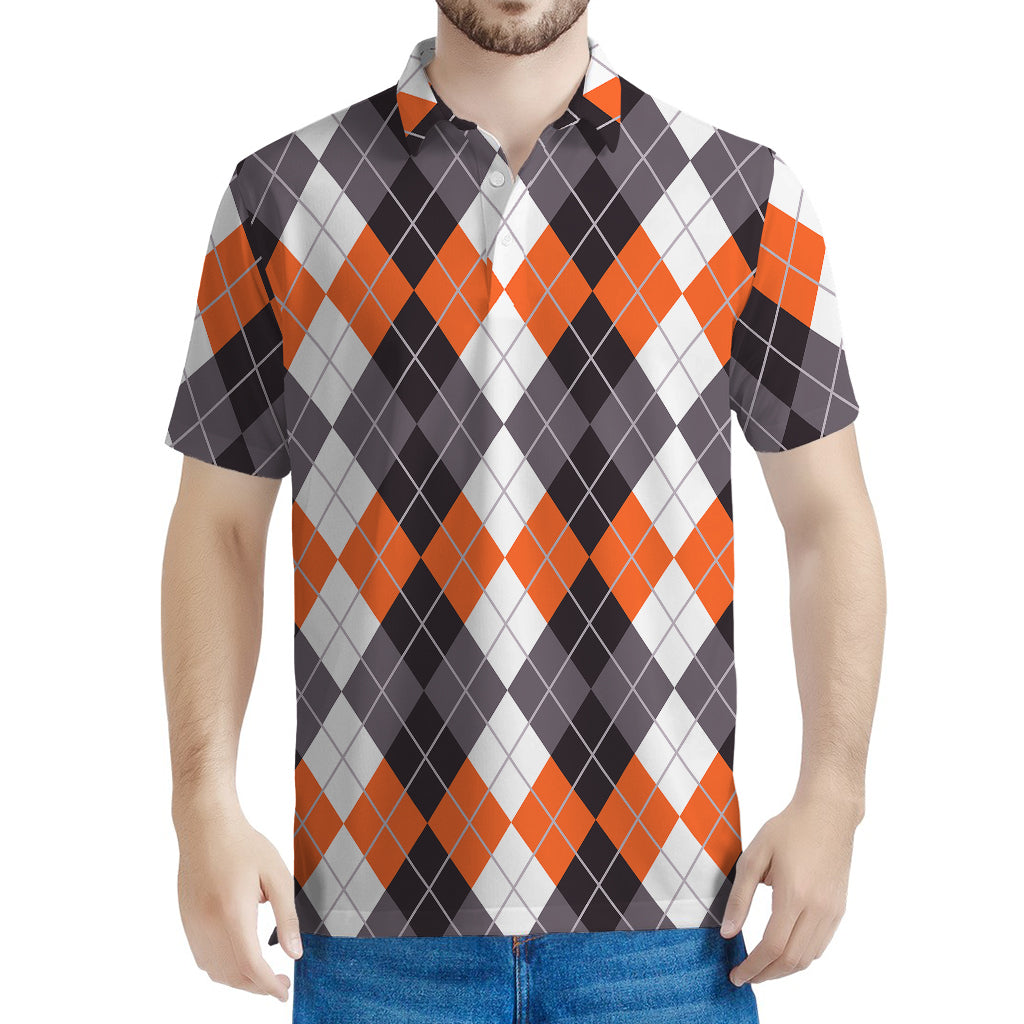 Grey Black Orange And White Argyle Print Men's Polo Shirt