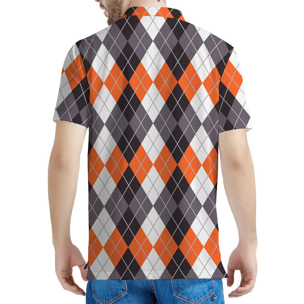 Grey Black Orange And White Argyle Print Men's Polo Shirt