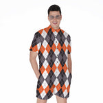 Grey Black Orange And White Argyle Print Men's Rompers