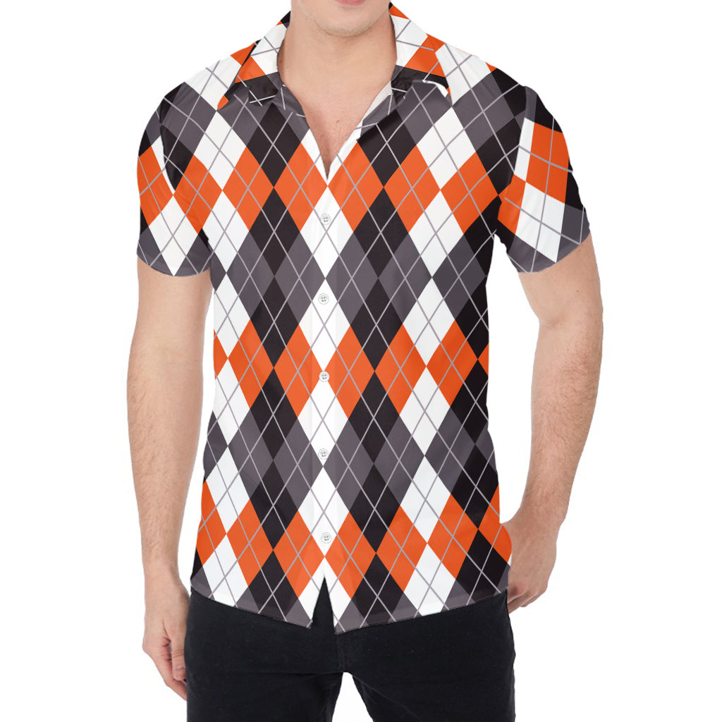 Grey Black Orange And White Argyle Print Men's Shirt