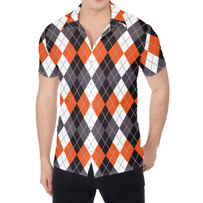 Grey Black Orange And White Argyle Print Men's Shirt