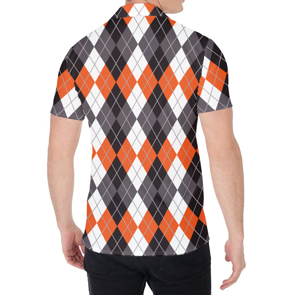 Grey Black Orange And White Argyle Print Men's Shirt