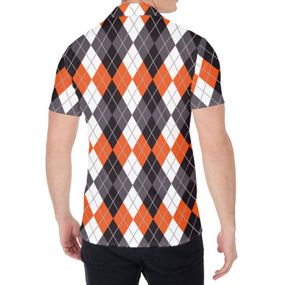 Grey Black Orange And White Argyle Print Men's Shirt