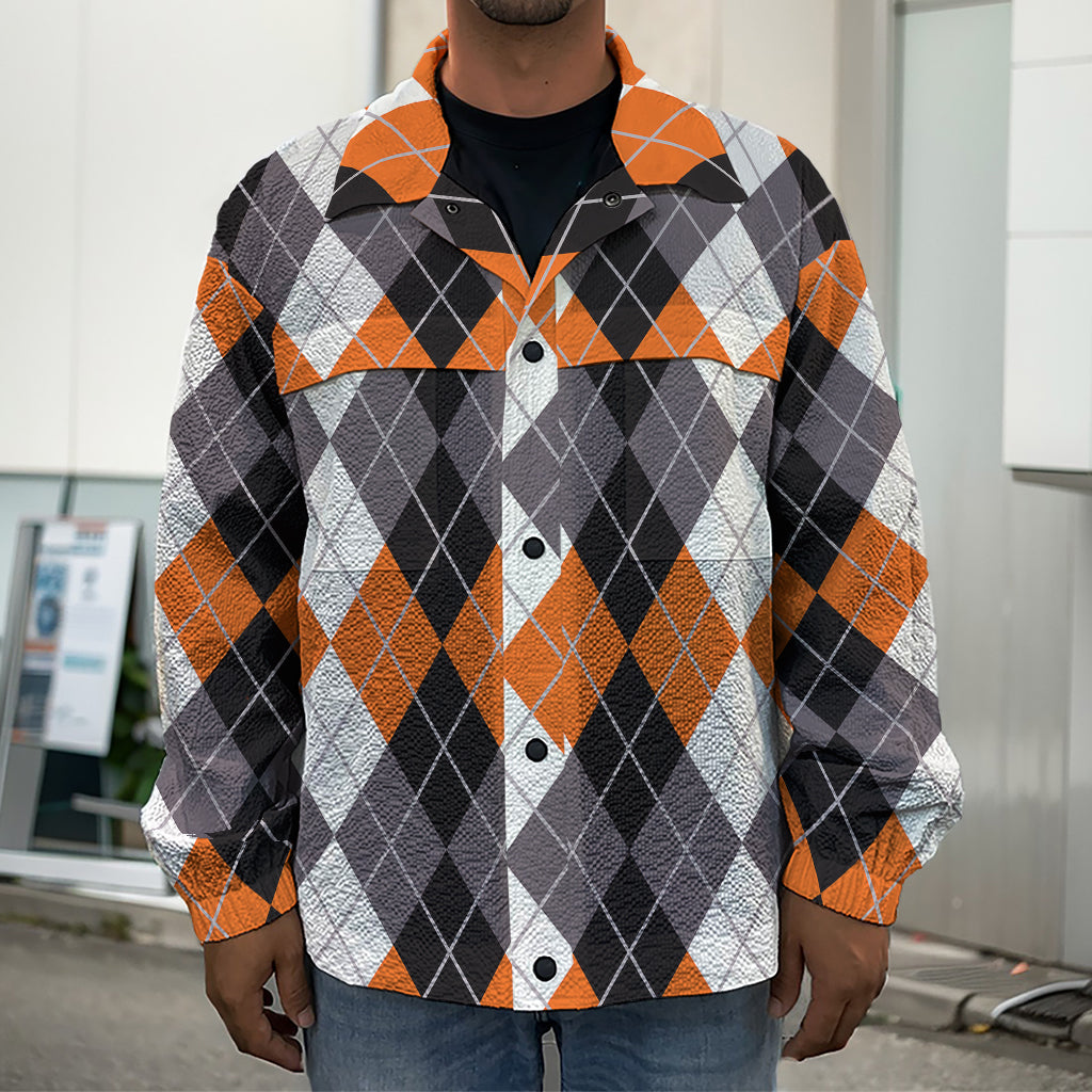 Grey Black Orange And White Argyle Print Men's Shirt Jacket