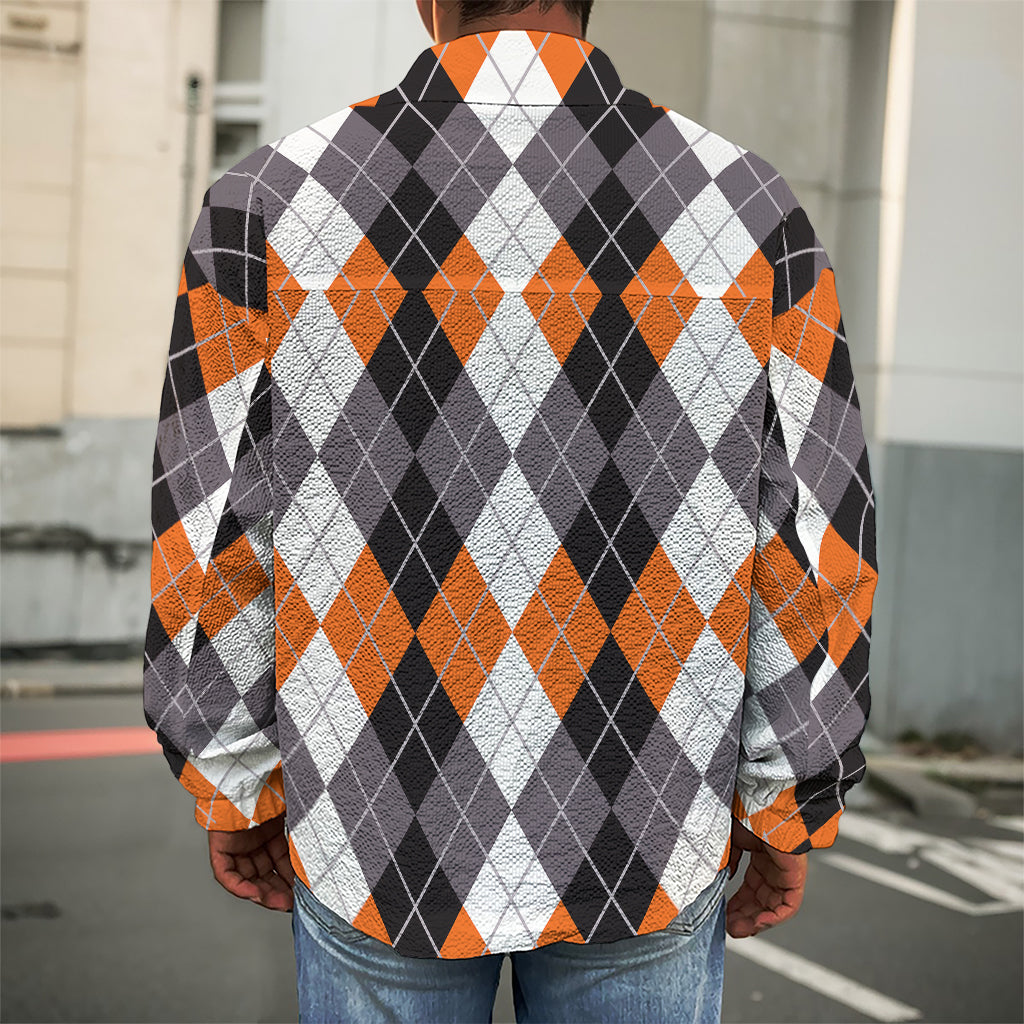 Grey Black Orange And White Argyle Print Men's Shirt Jacket