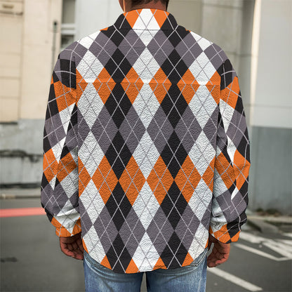 Grey Black Orange And White Argyle Print Men's Shirt Jacket